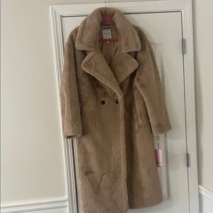 NWT AVEC Les FILLES with the girls Taupe Faux Fur Coat Size L